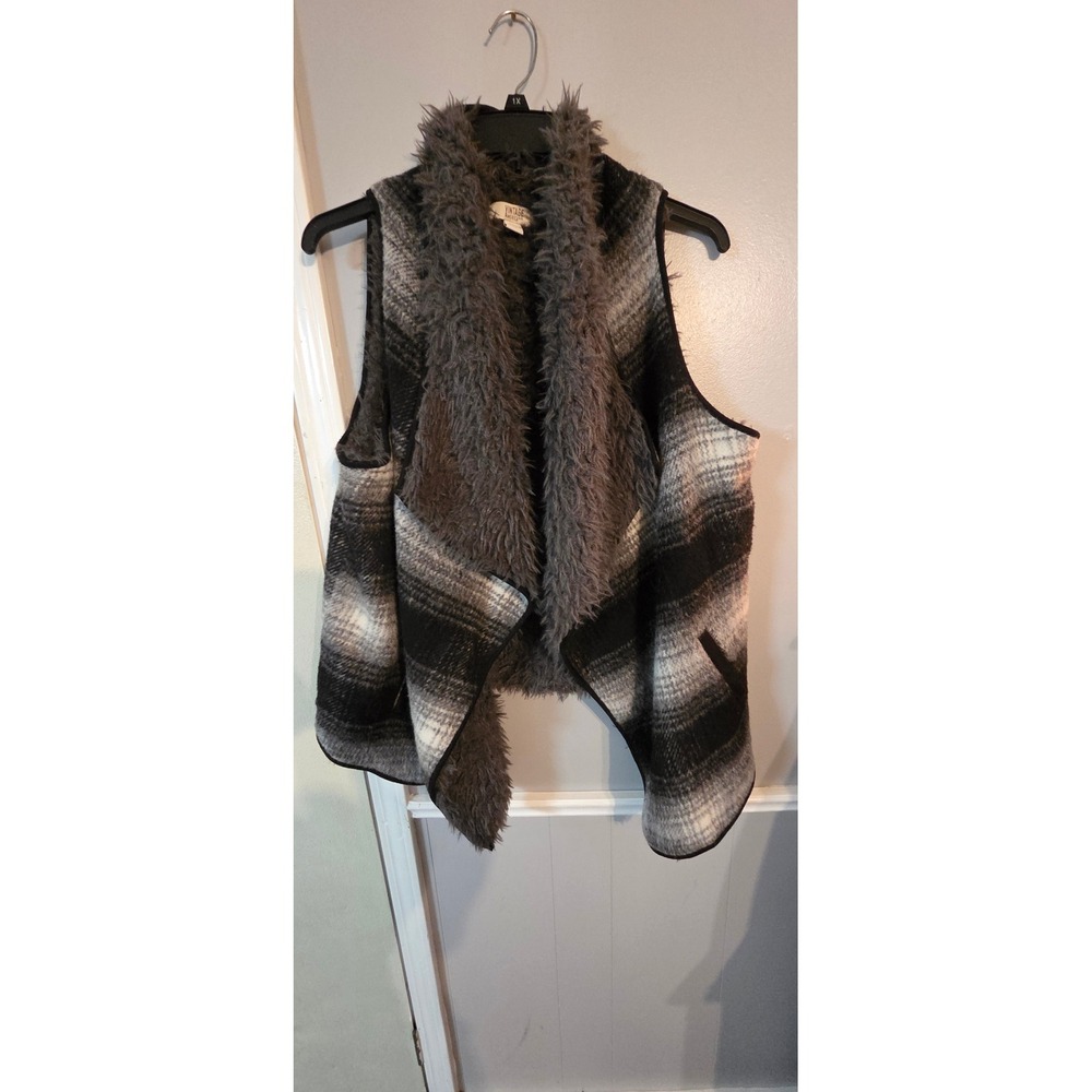 Vintage America Blues Plaid Faux Fur Collar Open Front Vest Black Grey XL
